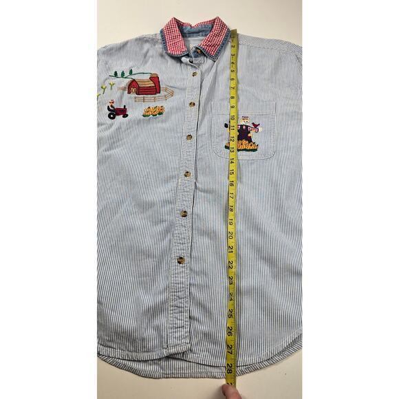 Vintage M embroidered chambray scarecrow farm  long sleeve graphic button up+ - Picture 6 of 7
